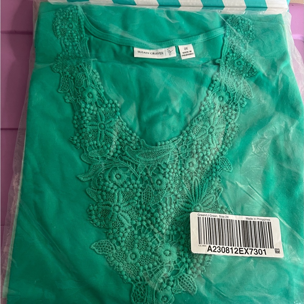 Susan Graver NWT 2 Piece Embroidered Green Light Green Blouse Top + Tank Size 2X